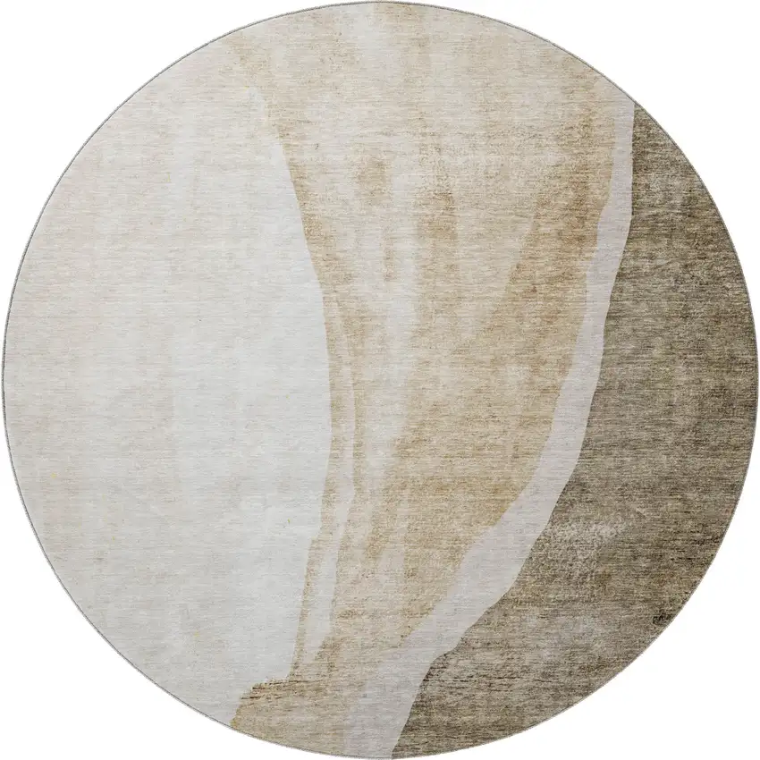 8' Brown And Ivory Abstract Washable Round Rug With UV Protection Photo 4