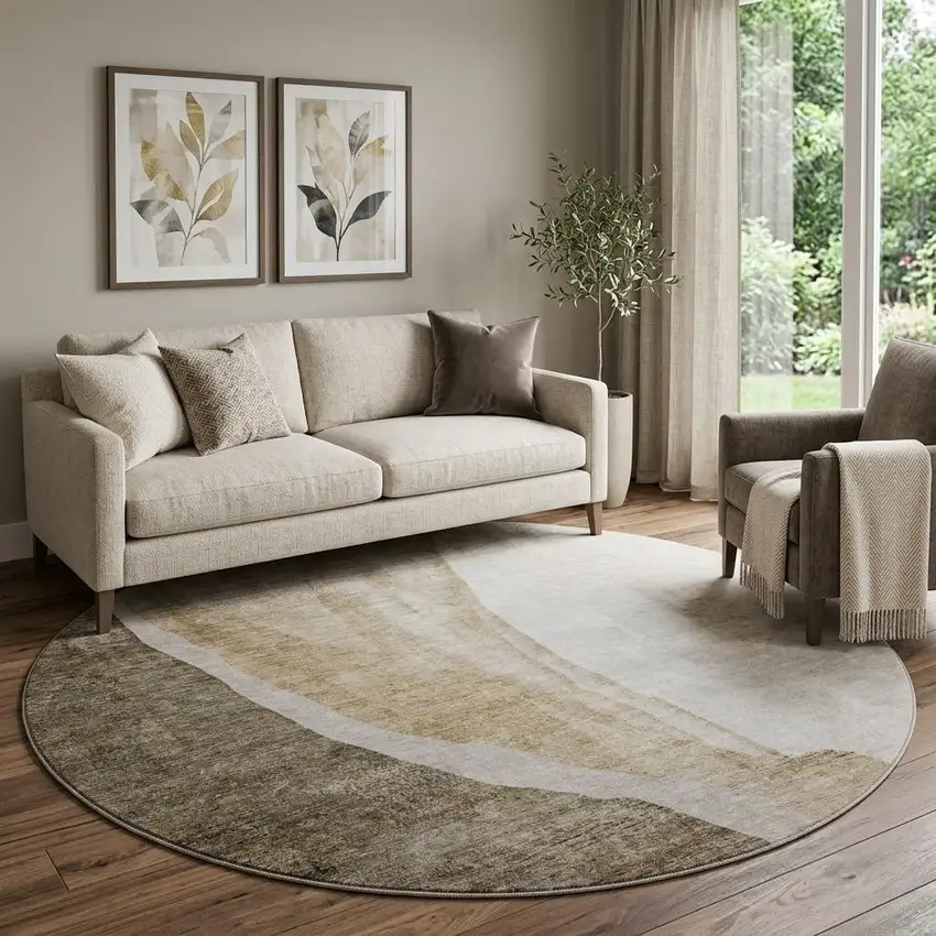 8' Brown And Ivory Abstract Washable Round Rug With UV Protection Photo 1