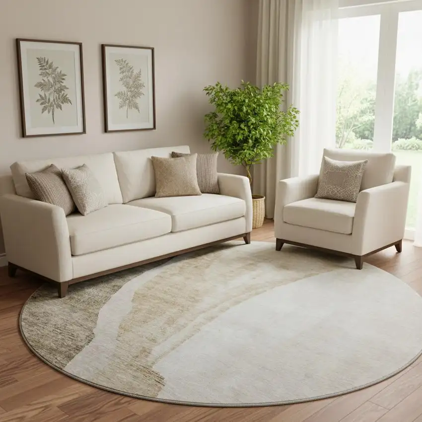 8' Brown And Ivory Abstract Washable Round Rug With UV Protection Photo 1