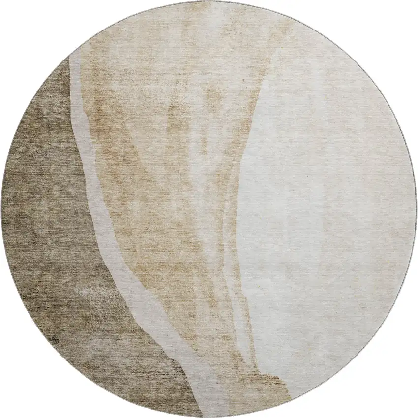 8' Brown And Ivory Abstract Washable Round Rug With UV Protection Photo 1