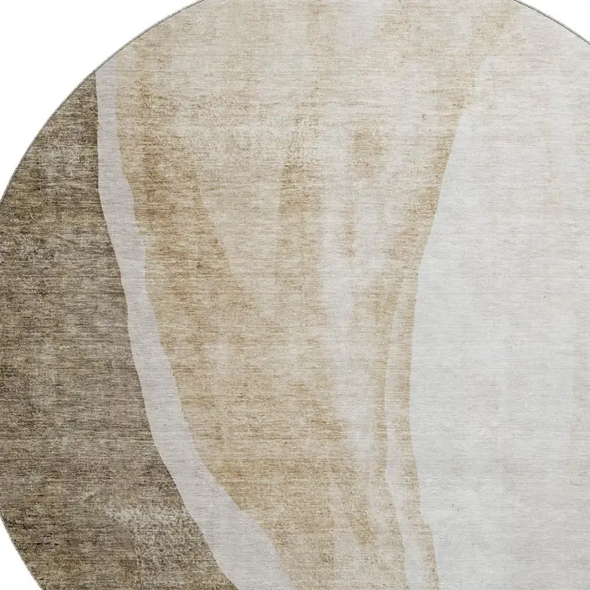 8' Brown And Ivory Abstract Washable Round Rug With UV Protection Photo 3
