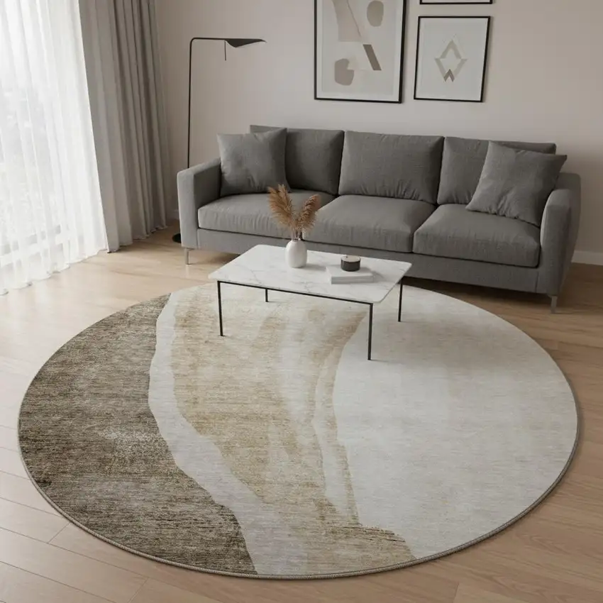 8' Brown And Ivory Abstract Washable Round Rug With UV Protection Photo 2