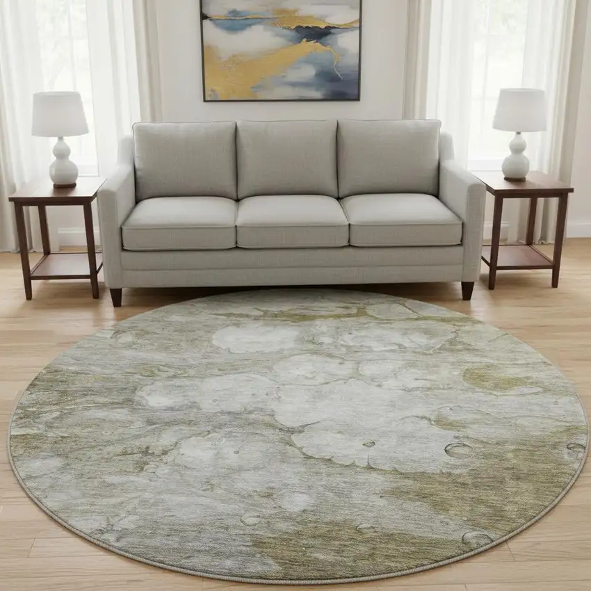 8' Brown And Ivory Abstract Washable Round Rug With UV Protection Photo 2