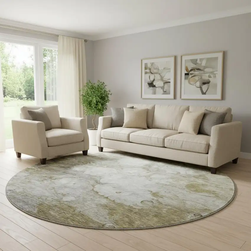 8' Brown And Ivory Abstract Washable Round Rug With UV Protection Photo 1