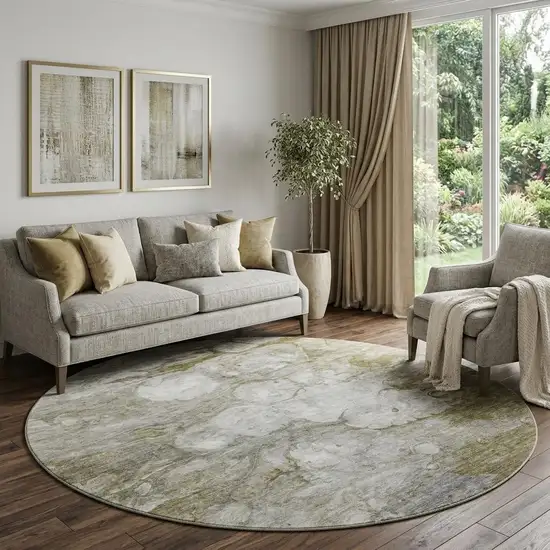 8' Brown And Ivory Abstract Washable Round Rug With UV Protection Photo 1