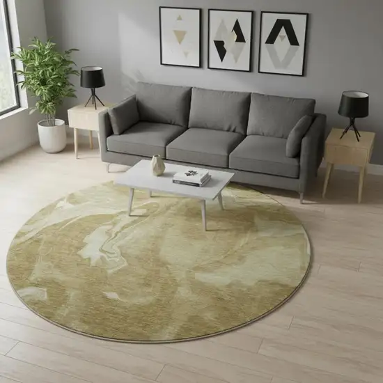 8' Brown And Ivory Abstract Washable Round Rug With UV Protection Photo 2