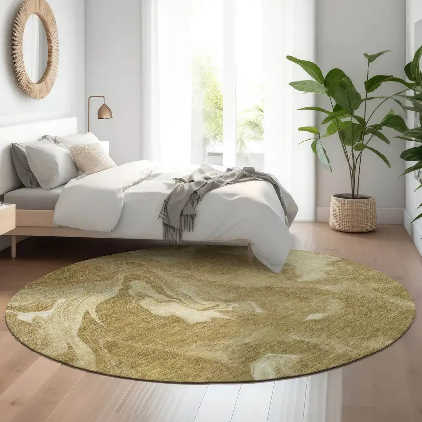 8' Brown And Ivory Abstract Washable Round Rug With UV Protection Photo 5