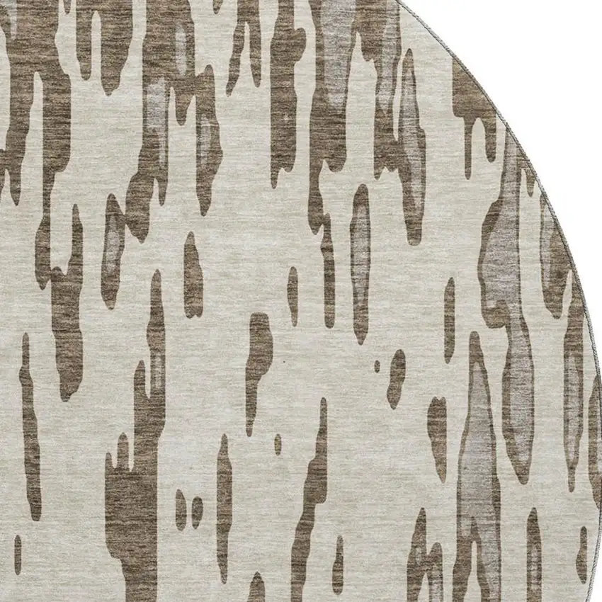 8' Brown And Ivory Abstract Washable Round Rug With UV Protection Photo 3