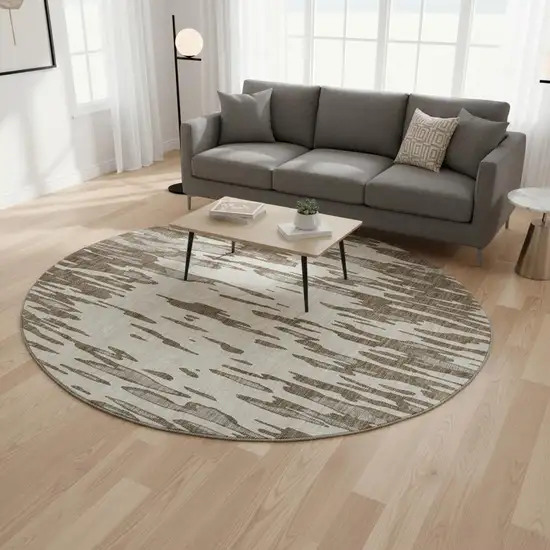 8' Brown And Ivory Abstract Washable Round Rug With UV Protection Photo 2
