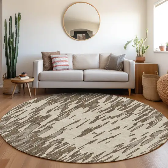8' Brown And Ivory Abstract Washable Round Rug With UV Protection Photo 4