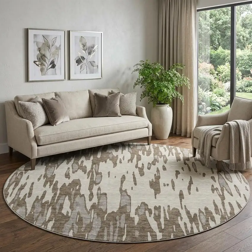 8' Brown And Ivory Abstract Washable Round Rug With UV Protection Photo 1