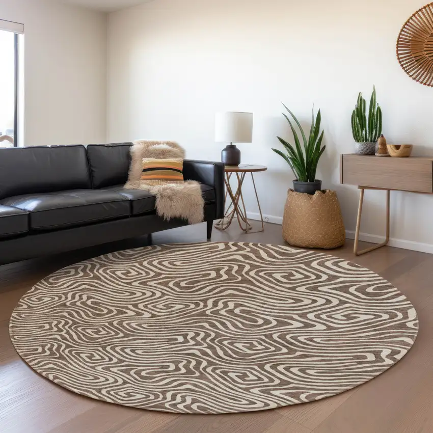 8' Brown And Ivory Abstract Washable Round Rug With UV Protection Photo 4