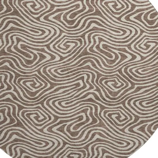 8' Brown And Ivory Abstract Washable Round Rug With UV Protection Photo 2