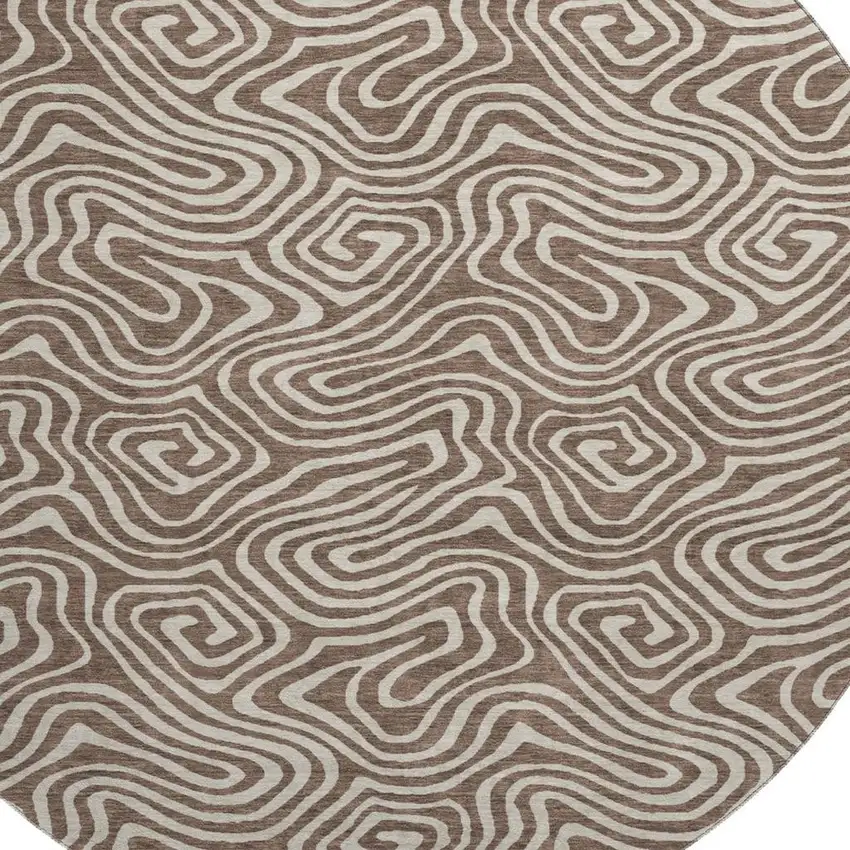 8' Brown And Ivory Abstract Washable Round Rug With UV Protection Photo 2