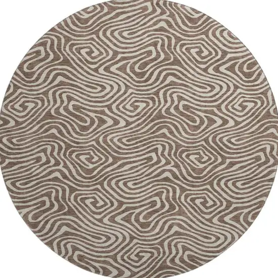 8' Brown And Ivory Abstract Washable Round Rug With UV Protection Photo 3