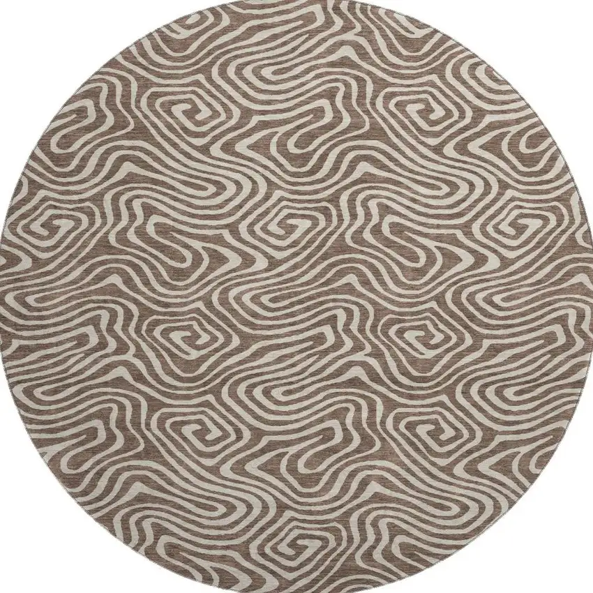 8' Brown And Ivory Abstract Washable Round Rug With UV Protection Photo 3