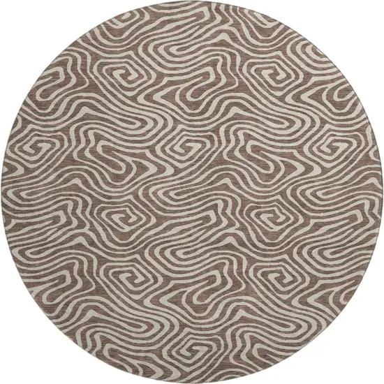 8' Brown And Ivory Abstract Washable Round Rug With UV Protection Photo 1