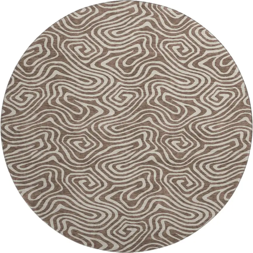 8' Brown And Ivory Abstract Washable Round Rug With UV Protection Photo 1