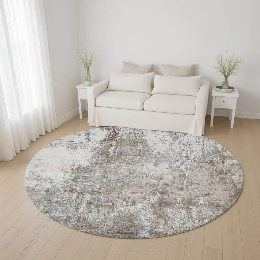 8' Brown And Ivory Abstract Washable Round Rug With UV Protection Photo 4