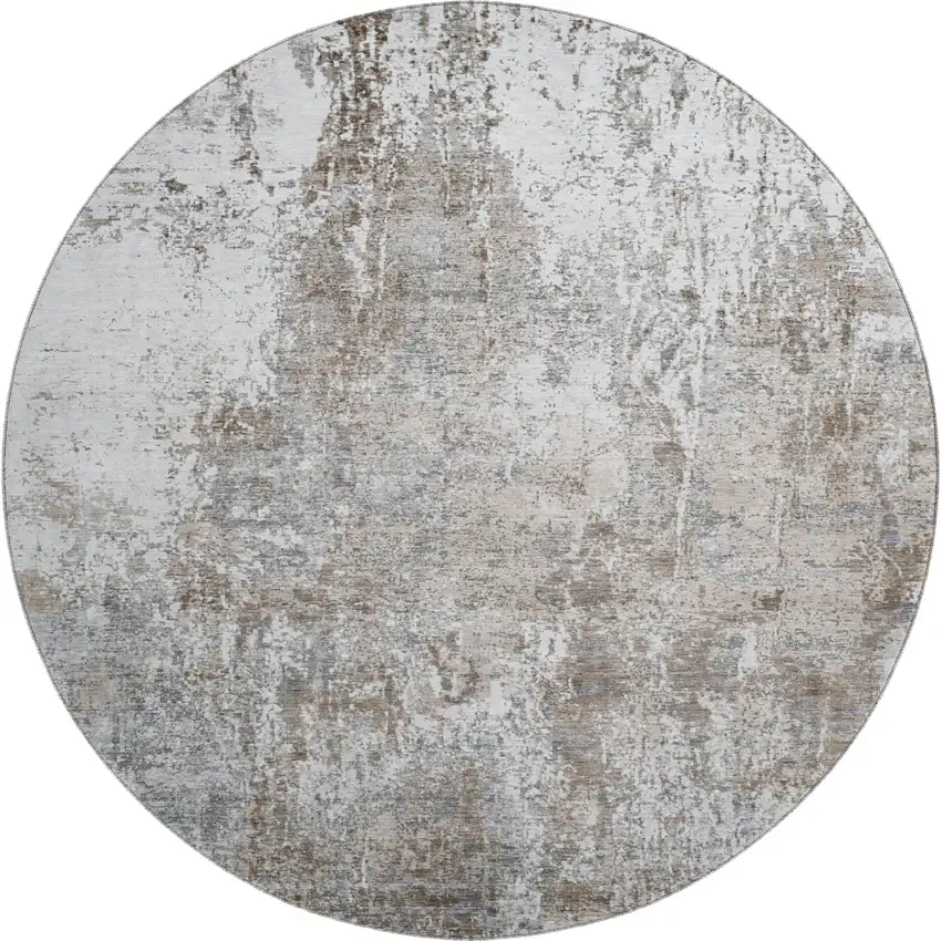 8' Brown And Ivory Abstract Washable Round Rug With UV Protection Photo 1