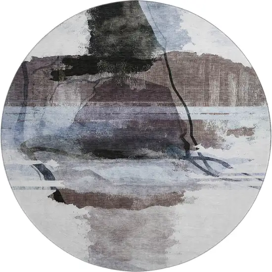 8' Brown And Ivory Abstract Washable Round Rug With UV Protection Photo 1