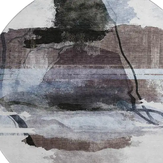 8' Brown And Ivory Abstract Washable Round Rug With UV Protection Photo 3