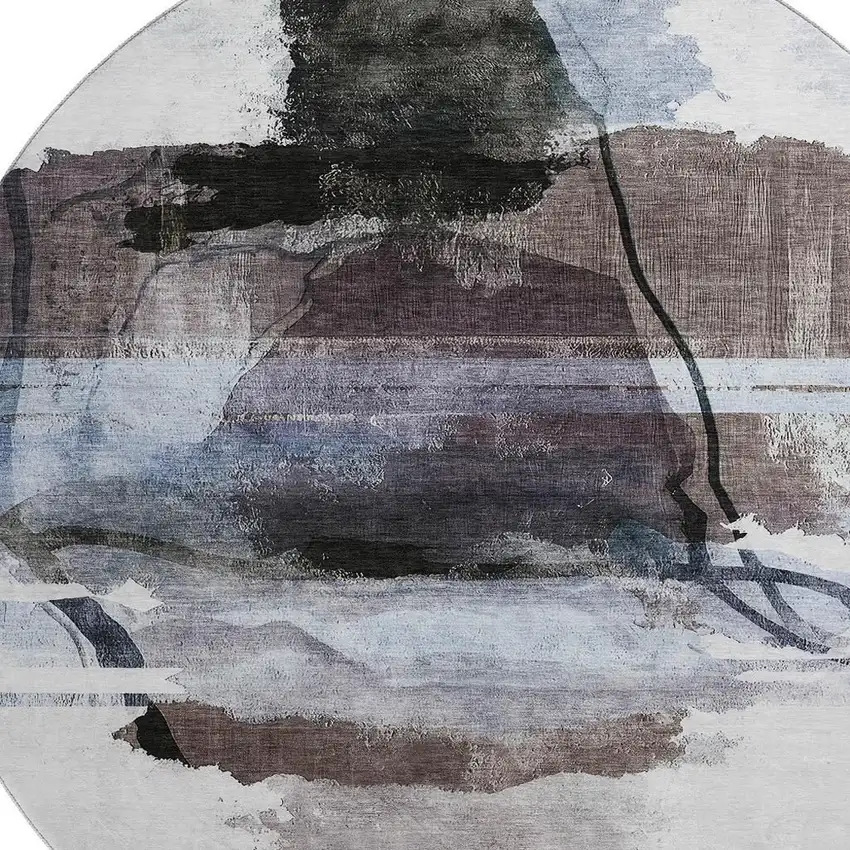 8' Brown And Ivory Abstract Washable Round Rug With UV Protection Photo 3