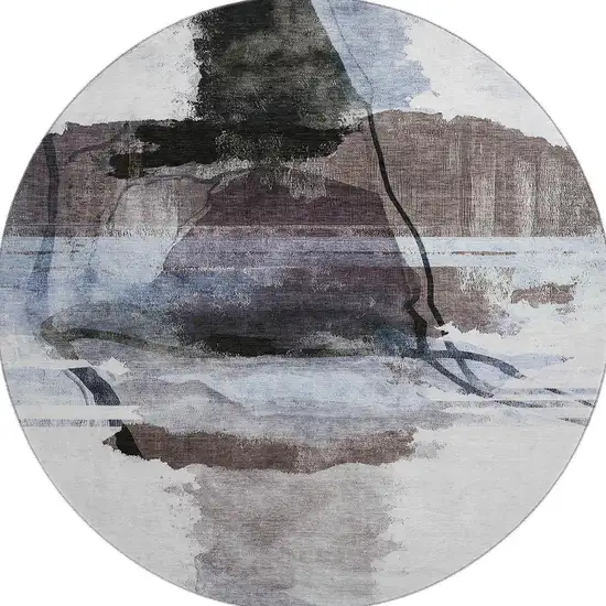 8' Brown And Ivory Abstract Washable Round Rug With UV Protection Photo 4