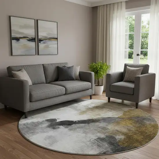 8' Brown And Ivory Abstract Washable Round Rug With UV Protection Photo 2