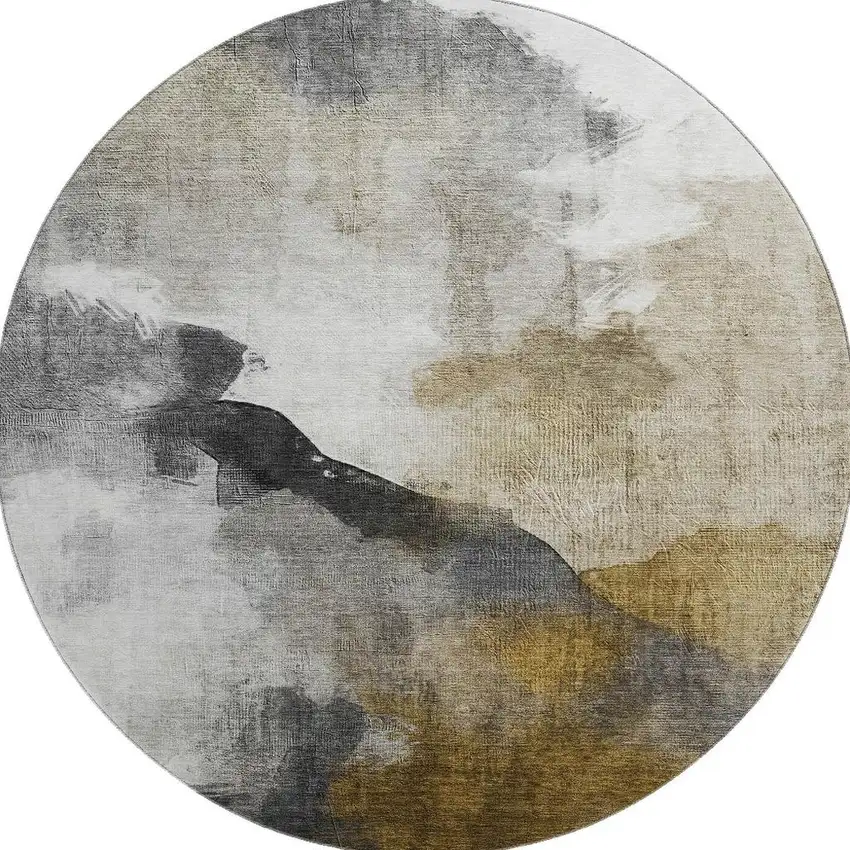 8' Brown And Ivory Abstract Washable Round Rug With UV Protection Photo 4