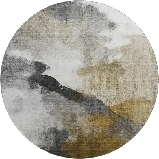 8' Brown And Ivory Abstract Washable Round Rug With UV Protection Photo 1