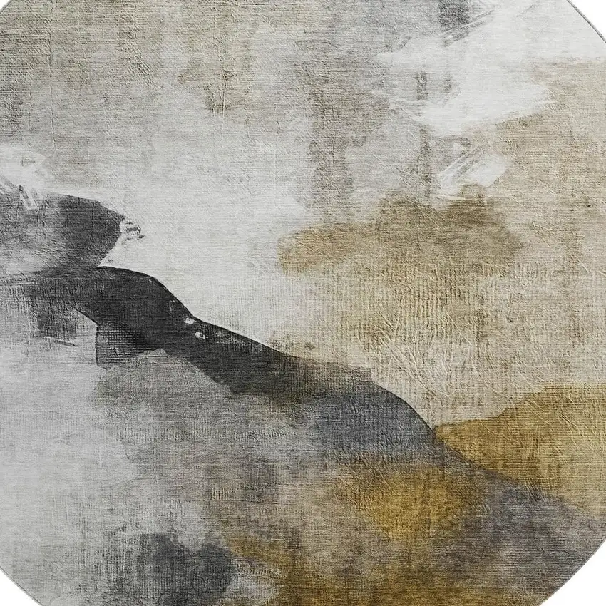 8' Brown And Ivory Abstract Washable Round Rug With UV Protection Photo 3