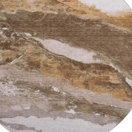8' Brown And Ivory Abstract Washable Round Rug With UV Protection Photo 3