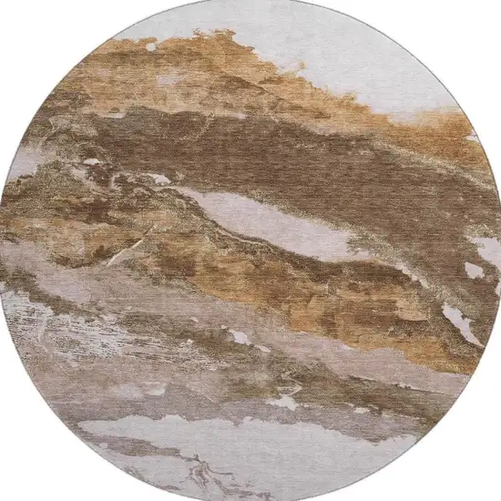 8' Brown And Ivory Abstract Washable Round Rug With UV Protection Photo 4