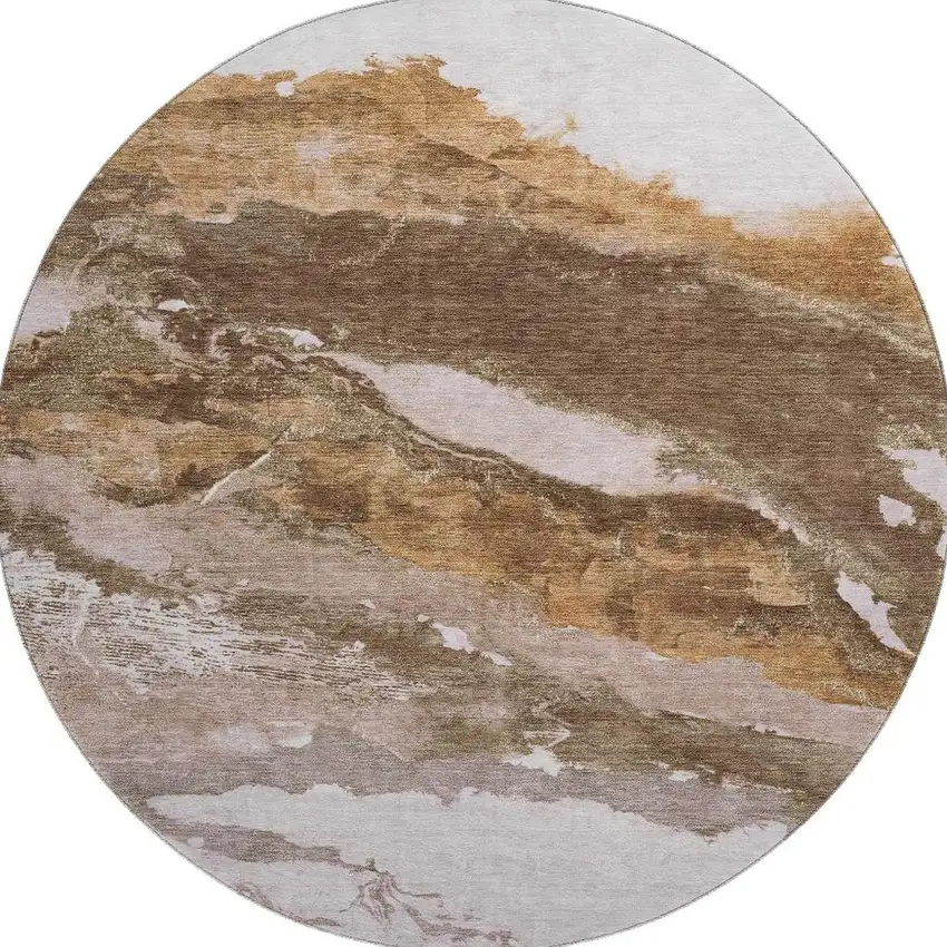 8' Brown And Ivory Abstract Washable Round Rug With UV Protection Photo 4