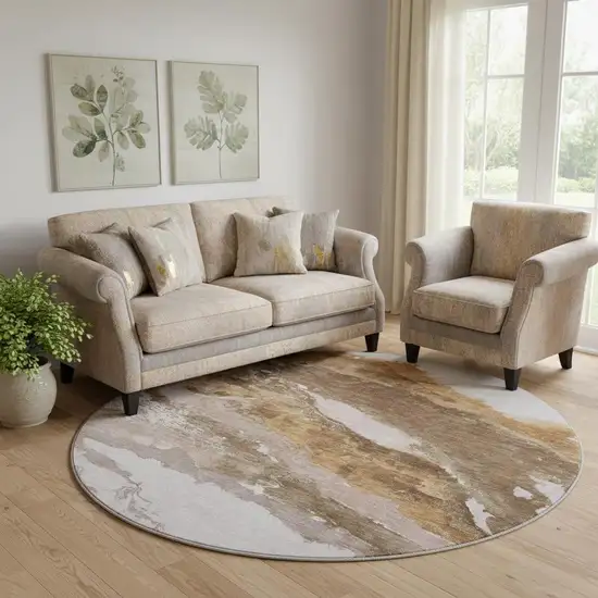 8' Brown And Ivory Abstract Washable Round Rug With UV Protection Photo 2
