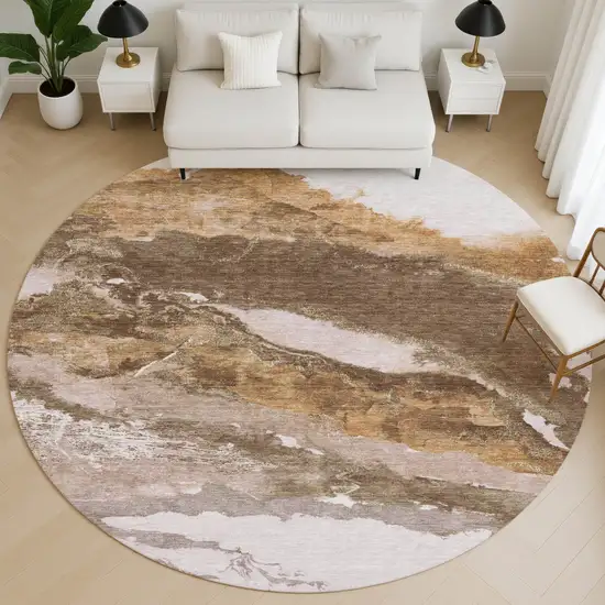8' Brown And Ivory Abstract Washable Round Rug With UV Protection Photo 5