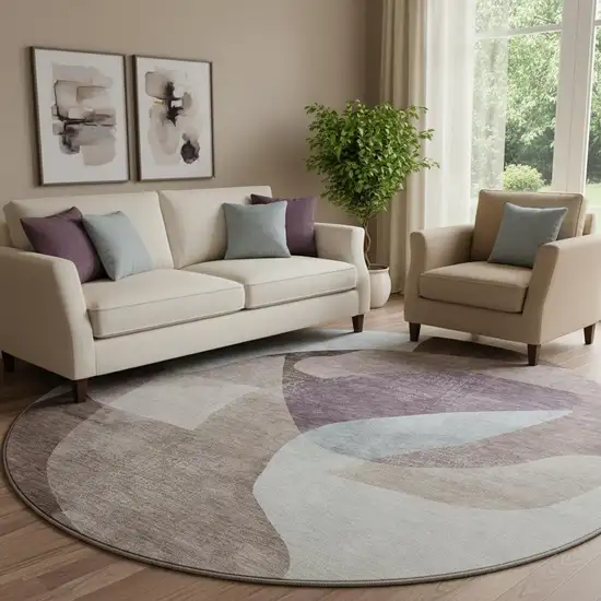 8' Brown And Ivory Abstract Washable Round Rug With UV Protection Photo 2