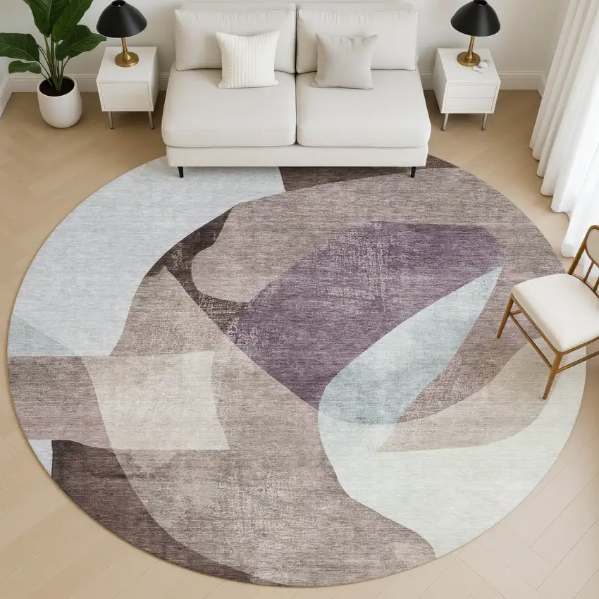 8' Brown And Ivory Abstract Washable Round Rug With UV Protection Photo 4