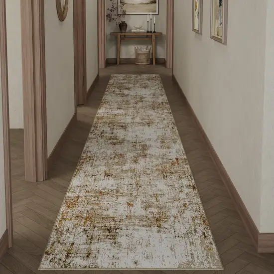 8' Brown And Ivory Abstract Washable Runner Rug Photo 2