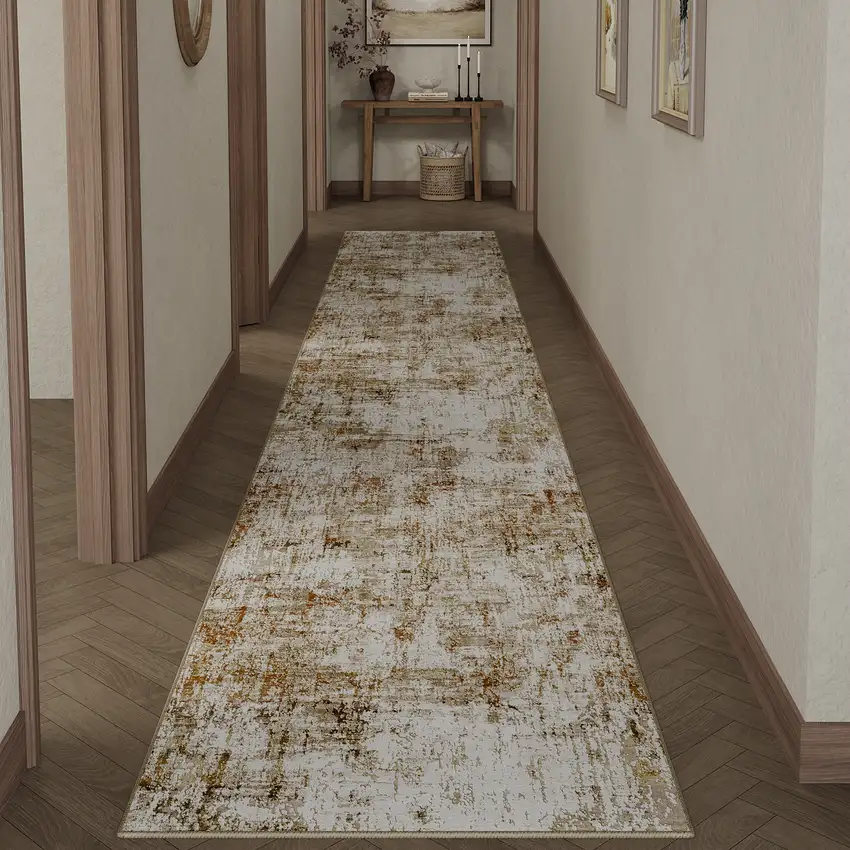 8' Brown And Ivory Abstract Washable Runner Rug Photo 2