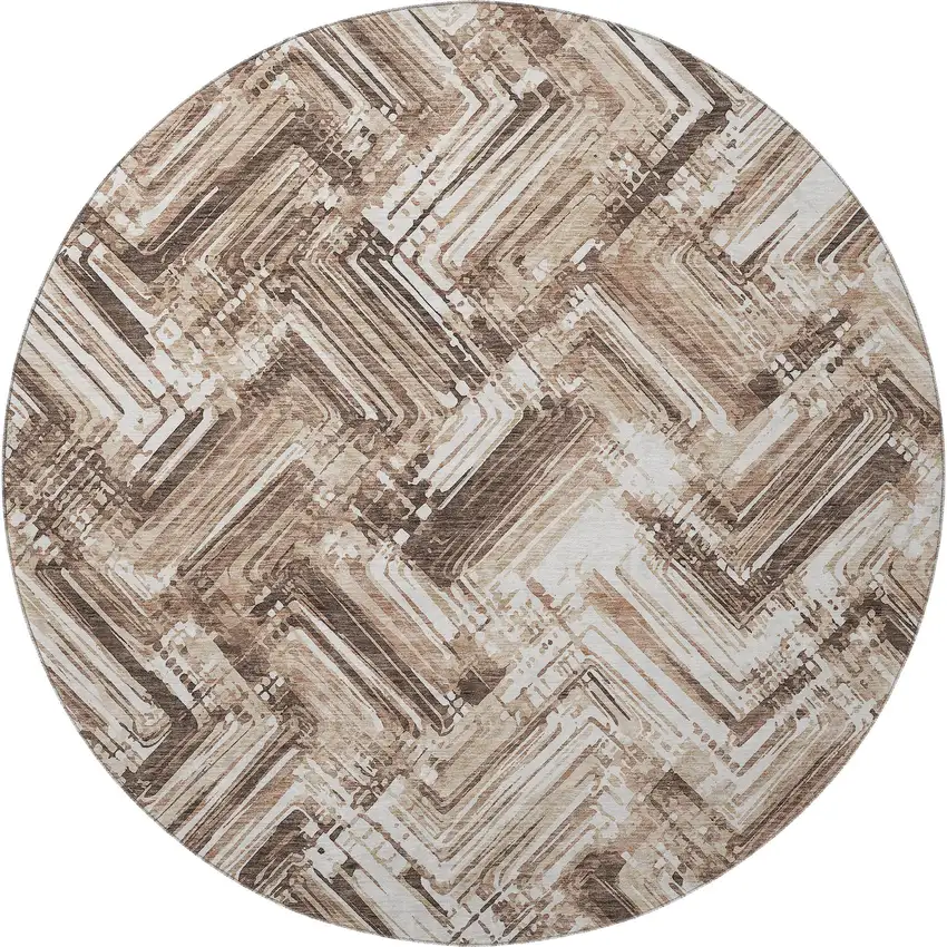 8' Brown And Ivory Chevron Washable Round Rug With UV Protection Photo 4