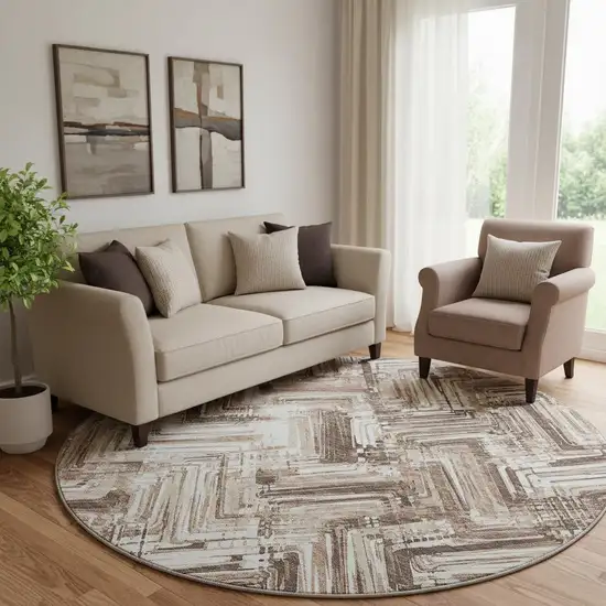 8' Brown And Ivory Chevron Washable Round Rug With UV Protection Photo 1