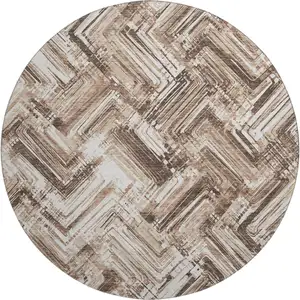 Photo of 8' Brown And Ivory Chevron Washable Round Rug With UV Protection