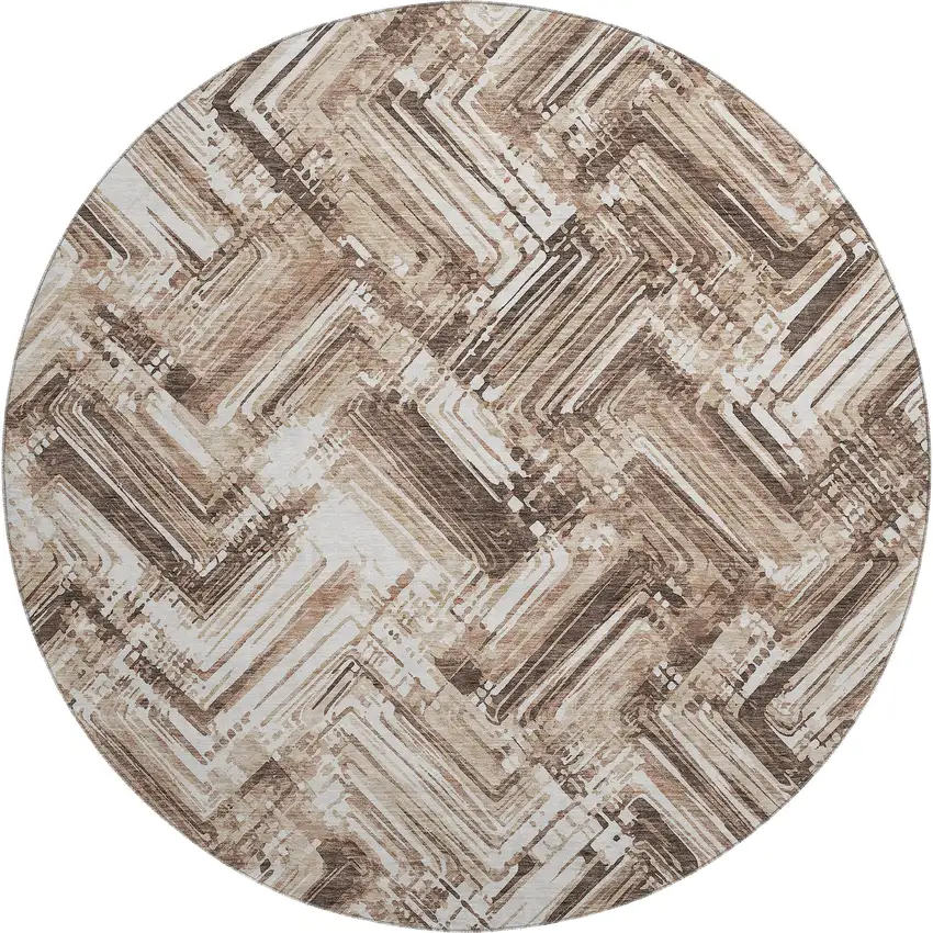 8' Brown And Ivory Chevron Washable Round Rug With UV Protection Photo 1