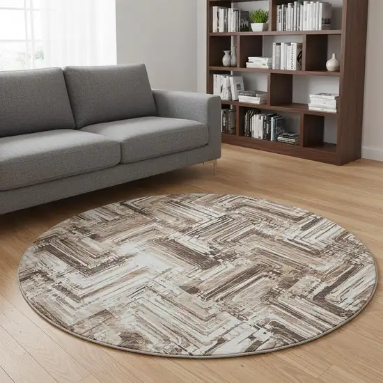 8' Brown And Ivory Chevron Washable Round Rug With UV Protection Photo 2
