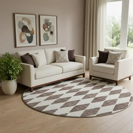8' Brown And Ivory Diamond Washable Round Rug With UV Protection Photo 1