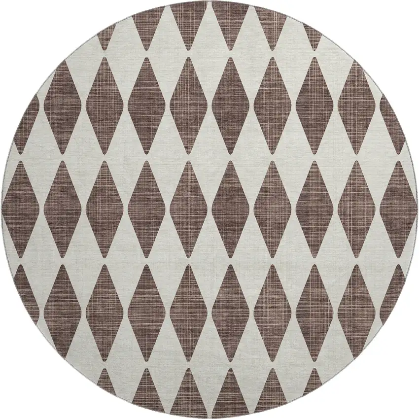 8' Brown And Ivory Diamond Washable Round Rug With UV Protection Photo 1