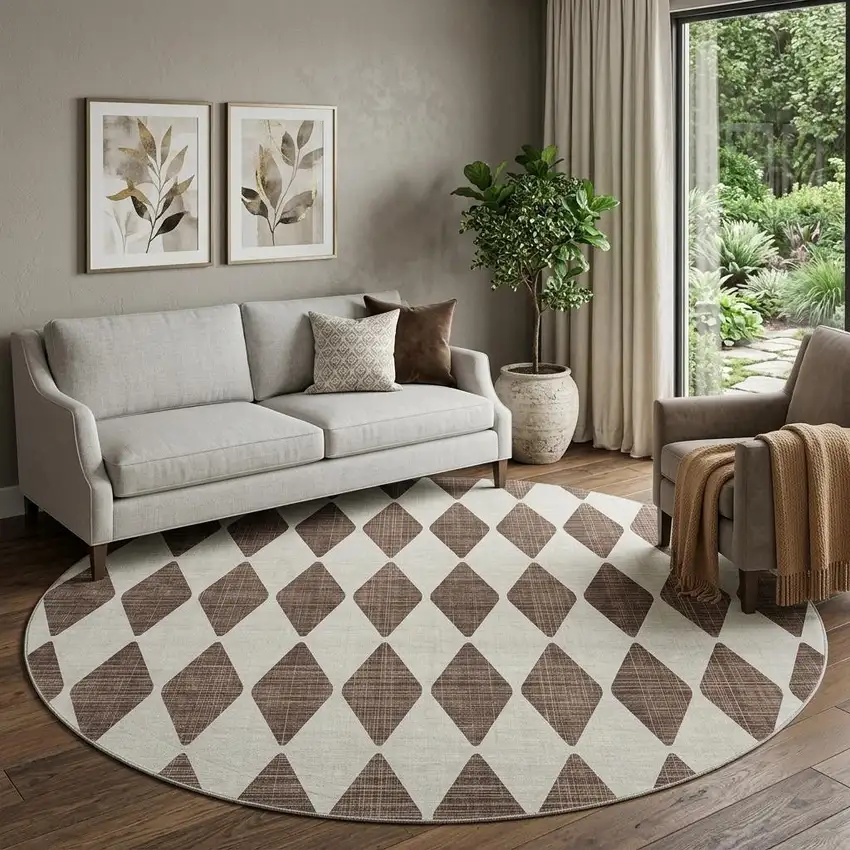 8' Brown And Ivory Diamond Washable Round Rug With UV Protection Photo 1