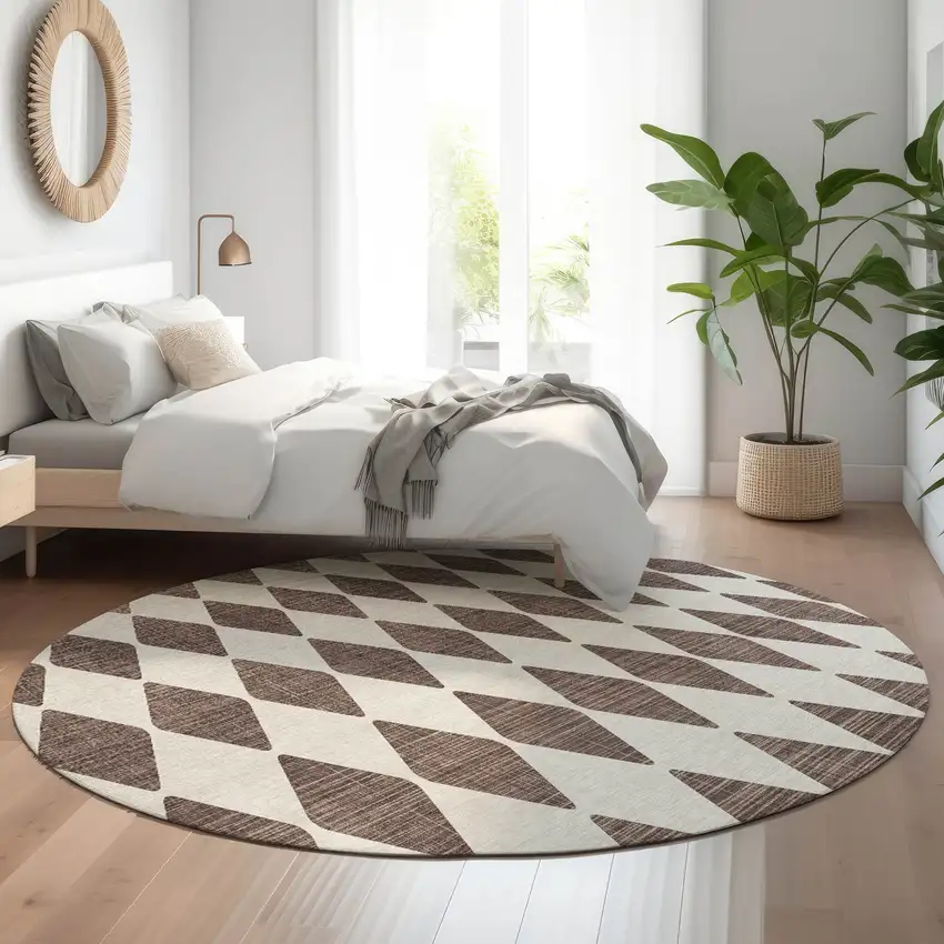 8' Brown And Ivory Diamond Washable Round Rug With UV Protection Photo 5